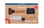 Coffret complet d'un ensemble de couteau et d'éplucheur pour enfant de la marque Opinel. Les ustensiles de cuisine pour enfant sont présentés dans un coffret en carton contenant un éplucheur, un couteau et un protège doigt. Les manches sont en bois, les tête et le protège doigts gris et les lames en acier