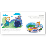 intérieur du livre pour enfant croc marelle. Il y a des dessins d'une petote fille en salopette ainsi que l'histoire manuscrite