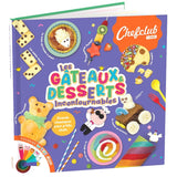 Photo d'un livre de erecette posé sur une table coloré avec des accessoires (petits drapeaus, pic et confettis) dans le theme du livre sont posés dessus. Le livre est intitulé les gâteaux et desserts incontournables. La couverture est bleu avec des illustration et photos des recettes.
