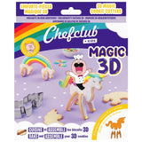 Emballage d'un kit à pâtisserie pour enfant qui permet de réaliser des biscuits en 3D en forme de licorne et d'arc en Ciel. Sur l'emballage il y aune photo des biscuits avec une illustrationde la mascotte chefclub sur le dos de la licorne