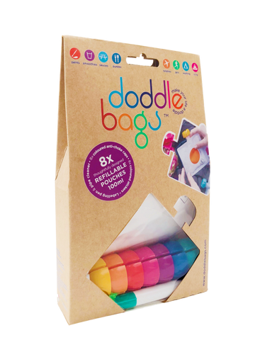 Emballage de gourdes réutilisable de la marque doodle bags. Le carton est marron, une partie en forme de courde est transparent ou l'on appercoit les bouchons des gourdes
