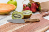 Gros plan sur un couteau a beurre avec un manche en bois posé sur une planche à decouper, il y a sur la planche en arrière plan un kiwi oupé en 2