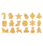 18 biscuits posés les un à coté  des autres par rangé de 3. Les biscuits ont tous des formes differentes sur le thème de Noëm