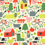 Gros plan sur des illustrations de la ferme, les illustration sont sérées et laissent peut de place. Il y a des fruit, légumes, une fermes, des bottes, des fleurs, un velo, une brouette, un arrosoire