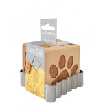 Tampon en bois en forme de dés en bois avec son découpoir en inox. Il est présenté dans son emballage. Le tampon représente des motifs de chat