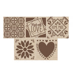 5 petits carrés de couleur bois, avec 5 illustrations différentes