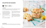 Intérieur d'un livre de recette pour enfant, avec une page texte avec le descriptif de la cuisine et l'autre page la photo du plat terminé : rillettes de saumon