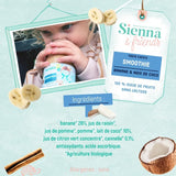 Information nutritionnelles manuscrites sur un smoothie banane coco pour enfant de la marque Sienna & Friends