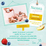 Information nutritionnelles manuscrites sur un smoothie myrtille fraises pour enfant de la marque Sienna & Friends