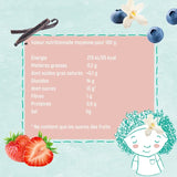 Information nutritionnelles manuscrites sur un smoothie myrtille fraises pour enfant de la marque Sienna & Friends