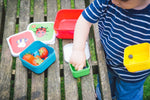 Photo d'une main d'un enfant entrain de se servir dans une boîte à gouter posée sur un banc en bois. il y a 2 autres boîte en plastique avec leur couvercles posés à coté. Une des boite contient des fraises