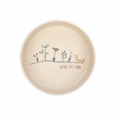 Bol pour enfant de couleur naturel beige avec une illustration de fleurs du jardin avec un verre de terre