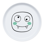 Assiette en porcelaine blanche avec une illustration de Monstre rigolos au centre. Elle est de la marque Cibolo , indiqué sur l’oval du visage. L’assiette permet de créer des repas rigolos en animant le personnage 
