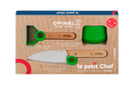 Coffret complet d'un ensemble de couteau et d'éplucheur pour enfant de la marque Opinel. Les ustensiles de cuisine pour enfant sont présentés dans un coffret en carton contenant un éplucheur, un couteau et un protège doigt. Les manches sont en bois, les tête et le protège doigts vert et les lames en acier