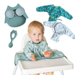 Coffret pour enfant de la marque Tidy Tot, composé de 3 bavoirs, une cuillère et une assiette en silicone en forme de chouette