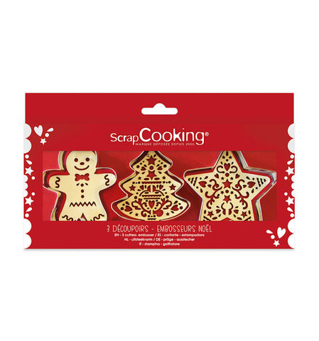 Coffret de 3 emportes pièces en inox avec leurs tampons en bois de la marque Scrapcooking. Le coffret est de couleur rouge, les découpoirs sont sur le thème de Noël, il y a un bonhomme pain d'épices, un sapin et une étoile