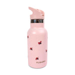 Gourde pour enfant, de couleur rose avec des illustrations de coccinelles rouge