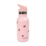 Gourde pour enfant, de couleur rose avec des illustrations de coccinelles rouge