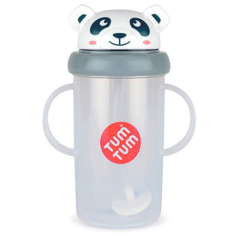 Grande tasse tumtum pour enfant, avec une paille lestée, 2 anses de chaque côté et un couvercle en forme de tête de panda de couleur blanche.