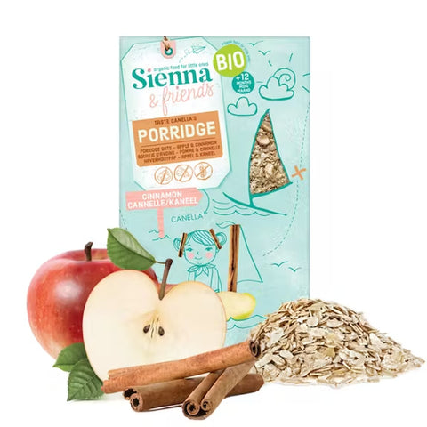 Boite de porridge pour enfant de la marque Sienna & Friends. La boite est posée sur un fond blanc, avec devant elle, une photo d'une pomme, de batonnet de cannelle et de flocons d'avoine