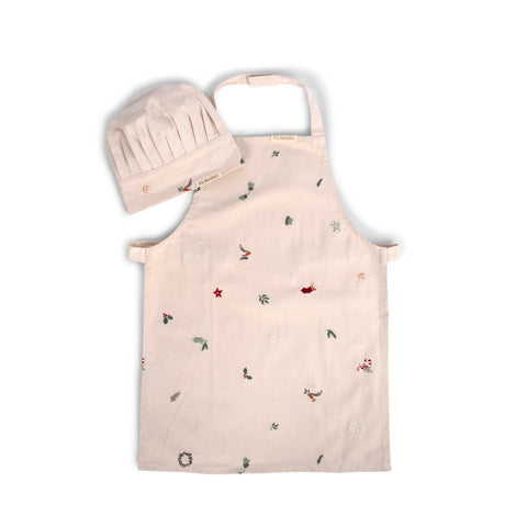 Ensemble de tablier et toque pour enfant en coton avec des illustrations brodées sur le theme de Noël