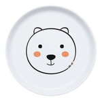 Assiette en porcelaine pour enfant, elle est de couleur blanche avec au centre une tête rigolote de chat