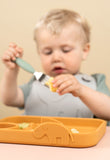 Photo avec en avant plan une assiette de couleur jaune avec un zèbre dessus et en arrière plan un enfant qui tient dans sa main une fourchette avec des aliments. Il porte un bavoir.
