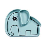 Elphée Assiette en silicone de couleur bleu en forme d'eléphant. L'assiette a 2 compartiment son corp et son oreille. Elle est posée sur on fond blanc