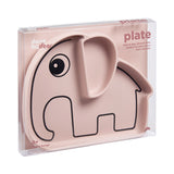 Assiette en silicone de couleur rose en forme d'eléphant. L'assiette a 2 compartiment son corp et son oreille. Elle est posée sur on fond blanc et elle est dans son emballage