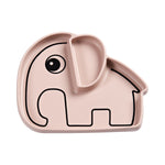 Elphée Assiette en silicone de couleur rose en forme d'eléphant. L'assiette a 2 compartiment son corp et son oreille. Elle est posée sur on fond blanc