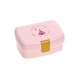 LB Boite à gouter pour enfant fermée de couleur rose avec une illustration de tipi sur le centre de la boite. Le fermoir de la boite est de couleur moutarde