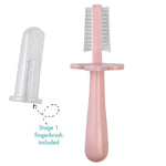 Brosse à dents de couleur rose a double face. avec a coté une brosse à dents à doigts transparente