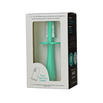 Emballage d'une brosse à dents de couleur vert menthe, la brosse est a double face avec une collerette en forme de fleur