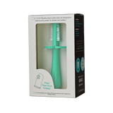 Emballage d'une brosse à dents de couleur vert menthe, la brosse est a double face avec une collerette en forme de fleur