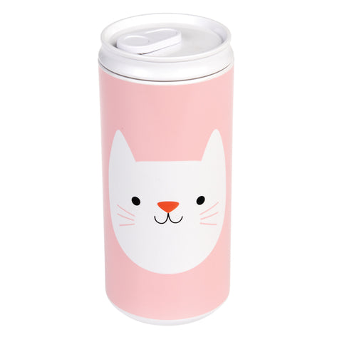 Cannette réutilisable de couleur rose avec le couvercle blanc, sur la gourde il y a une illustration de tête de chat blanc