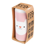 Cannette réutilisable de couleur rose avec le couvercle blanc, sur la gourde il y a une illustration de tête de chat blanc. La va-cannette est dans son emballage commerciale