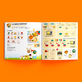 Photo de l'intérieur d'un livre de recette de cuisine pour enfant. La recette est illustrée avec un pas à pas en dessin. Le livre est posé sur un fond orange