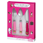 Photo d'un emballage d'un set de 3 couverts pour enfants composé d'une fourchette, une cuillère et un couteau aux couleurs de princesse rose. Il est indiqué que les couverts sont utilisable à partir de 24 mois et plus