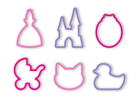 6 emportes-pièces de couleurs roses et violets, posés sur un fond blanc. De droite à gauche les emportes pièces représentent: une princesse, un château, une coccinelle, un berceau, un chat et un canard