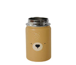 Gourde sans couvercle de couleur moutard avec une tête d'ourse dessiné sur le milieu. La gourde est en acier avec le dessus à vis pour un bouchon