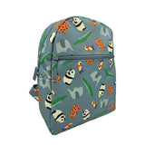 Sac a dos pour enfant sur fond blanc. Le sac a dos et de couleur bleu pétrol avec des animaux du zoo représentés dessus: éléphant, panda, perroquet et crocodile. Le sac a 2 ouvertures avec fermeture