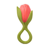 Jouet de dentition sur fond blanc, en forme de fleur. Il représente une tulipe, les couleurs et détails sont très proche de la réalité
