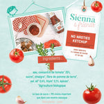 Informations nutritionnistes sur le ketchup bio pour enfant de la marque Sienna & Friends. Les infos sont illustrés avec des dessins de la marque sur un documents de couleurs vert d’eau