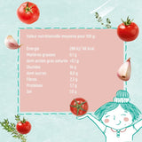 Informations nutritionnistes sur le ketchup bio pour enfant de la marque Sienna & Friends. Les infos sont illustrés avec des dessins de la marque sur un documents de couleurs vert d’eau
