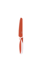Couteau pour enfant sur un fond transparent. Le couteau est posé à la verticale, il a une lame arrondie et dentelée. La lame du couteau et son manche sont de couleur rouge