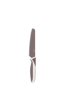 Couteau pour enfant sur un fond transparent. Le couteau est posé à la verticale, il a une lame arrondie et dentelée. La lame du couteau et son manche sont de couleur marron clair