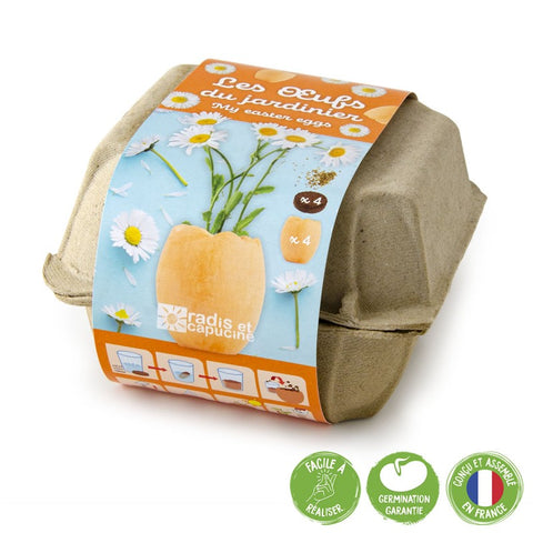  Emballage en forme de boîte d'œuf d’un kit de jardinage pour enfant de la marque Radis et Capucine. Le kit s’appelle les œufs du jardinier. L’emballage est fermé avec un carton avec une photo d’oeuf avec des marguerites qui poussent à l’intérieur