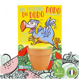  Emballage en forme de carte d’un kit de jardinage pour enfant de la marque Radis et Capucine. Le kit s’appelle Les pastèques du dodo. LA carte est jaune avec une illustration d’un oiseau dodo et d’un champ de pastèques.