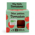 Emballage en carton d’un kit de jardinage pour enfant de la marque Radis et Capucine. Le kit s’appelle mes petites tomates. Le coffret est vert d’eau avec des illustrations de tomates dessus.