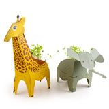 2 animaux pop up en papier assembler sur un fond blanc, il y a une girafe et un éléphant. Sur le dos des animaux il y a de l’herbe verte qui pousse.